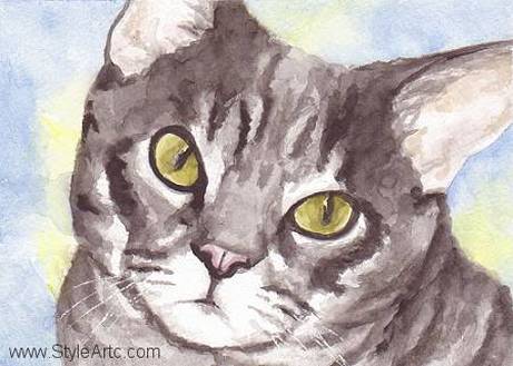 Contemporary Tabby Cat Watercolor Portrait